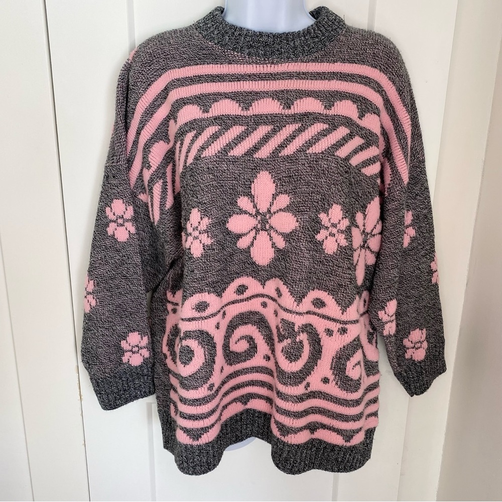 Vintage Custom Design Pullover Sweater gray pink floral swirl Drop Shoulder
